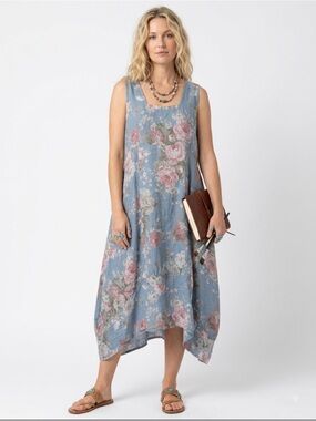 New Collection Lagenlook Floral Linen Midi Dress